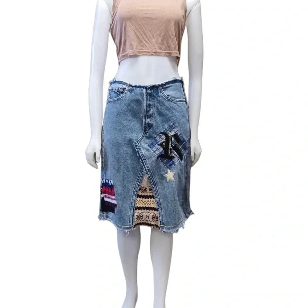 Riley Upcycled Patchwork Denim Midi Skirt Size Small